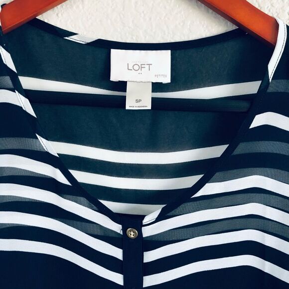 LOFT Ann Taylor Navy Blue Sheer Striped Loose Top SP - Picture 2 of 5